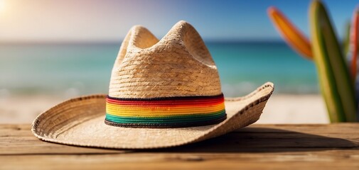 sombrero hat on wooden table at tropical beach background. Cinco de Mayo holiday background