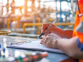 A safety engineer is inspecting and preparing a safety report in the manufacturing industry.