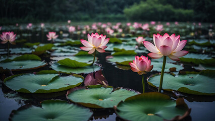 Beautiful pink lotus flower close up in pond at red lotus lake, Udonthani
