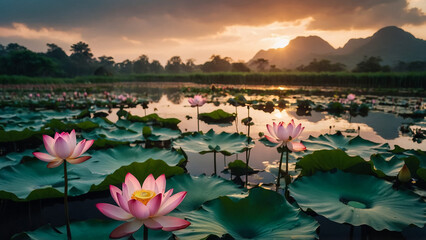 Beautiful pink lotus flower close up in pond at red lotus lake, Udonthani
