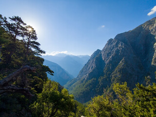 Viewing over rocky mountains at morning (Samaria Gorge, Crete, Greece)