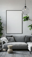 Mockup poster blank frame hanging above a Sectional Sofa in aliving room, modern interior minimalist style
