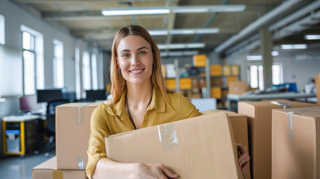 Young smiling woman groups the order. Issuing orders from the warehouse. Woman holding a box on the background of the warehouse. Order picker. Delivery, shipping department