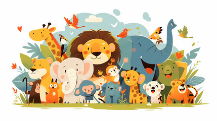 Cute cartoon animals in the jungle. Vector illustration. Flat style.