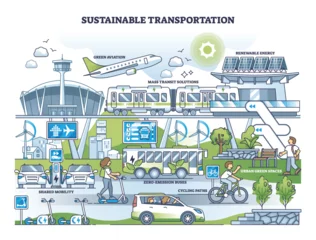 Poster Sustainable transportation with green public transport usage outline concept. Ecological aviation, zero emission buses and shared mobility vehicles vector illustration. Environmental mass transit. © VectorMine