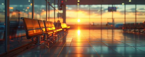 Sunrise at an empty airport terminal with seating.