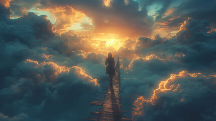 man walks along the road against the background of clouds at a height