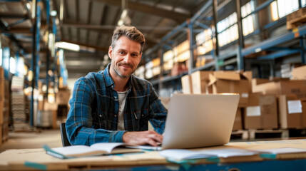 Obraz premium Issuing orders from the warehouse. Young smiling man groups the order. man with a laptop and boxes on the background of the warehouse. Order picker. Delivery, shipping department