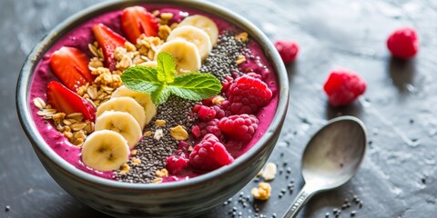 A vibrant smoothie bowl topped with banana slices, fresh raspberries, granola, chia seeds, and a...