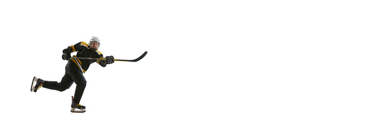 Male hockey player in motion during game, training isolated on white background. Concept of professional sport, competition, game, tournament. Banner. Empty space to insert text, ad