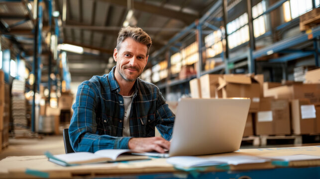Issuing orders from the warehouse. Young smiling man groups the order. man with a laptop and boxes on the background of the warehouse. Order picker. Delivery, shipping department