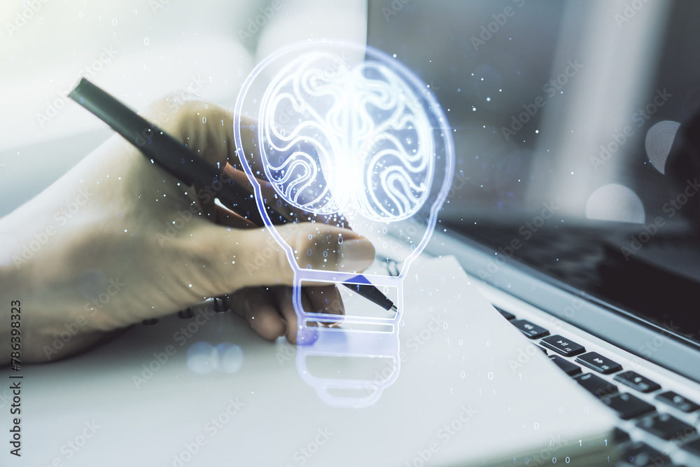 Poster Creative idea concept with light bulb and human brain illustration and with hand writing in notebook on background with laptop. Neural networks and machine learning concept. Multiexposure
