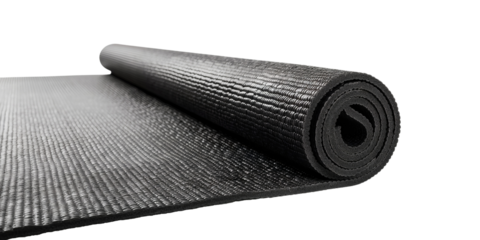 Black rolled out yoga mat isolated on transparent cut out