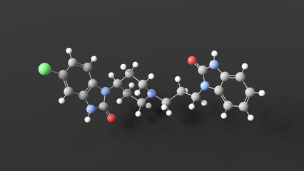 domperidone molecular structure, motilium, ball and stick 3d model, structural chemical formula with colored atoms