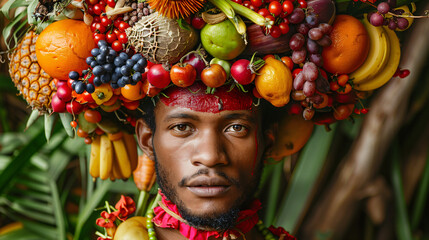 Man with crown hat made of fruits and vegetables