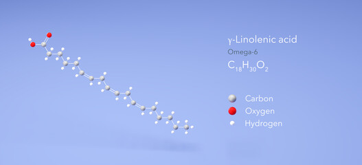 gamma-linolenic acid molecule, molecular structures, omega-6, 3d model, Structural Chemical Formula and Atoms with Color Coding