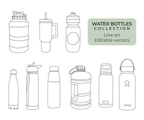 Travel portable water bottles and flasks with lid line drawing outline editable vector collection gym glass and plastic bottle