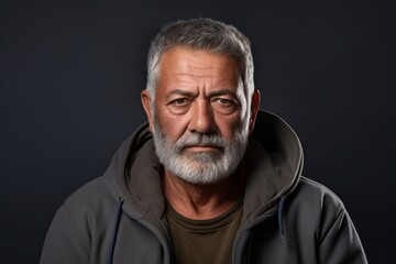 Fototapeta premium Portrait of a glad indian man in his 60s wearing a zip-up fleece hoodie isolated on white background