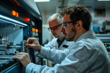 Fototapeta premium Two Men Working on Machine in Factory