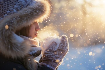 A woman in winter attire blows gently on snowflakes, set against a sparkling, sunlit backdrop