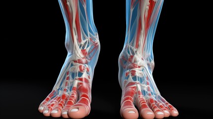 3D illustration of the human foot, detailing bones, joints, and muscles, used in podiatry and sports medicine - obrazy, fototapety, plakaty