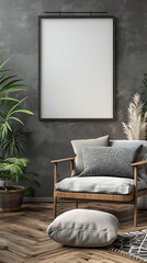 Mockup poster blank frame hanging above a Lounge Chair in aliving room, modern interior minimalist style