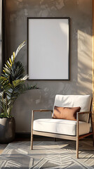 Mockup poster blank frame hanging above a Barrel Chair in aliving room, modern interior minimalist style