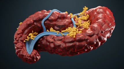 A 3D illustration of the human pancreas, detailing its role in insulin production, used in diabetes research