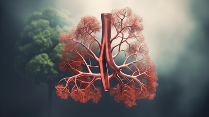 A 3D rendering of the human lungs, showcasing the bronchial tree and alveoli, ideal for respiratory health studies - obrazy, fototapety, plakaty