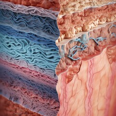 A 3D rendering of the human skin, displaying layers from epidermis to dermis, in a dermatological educational setting