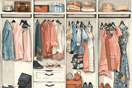 stylish womans wardrobe with trendy clothing and accessories minimalist fashion collection digital painting