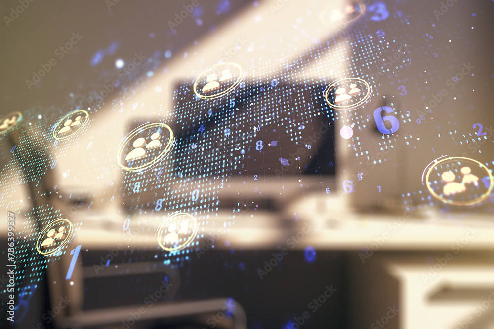 Aufkleber double exposure of social network icons concept with world map and modern desk with computer on back