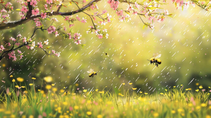 A field filled with colorful flowers while rain falls, with a tree standing tall in the background