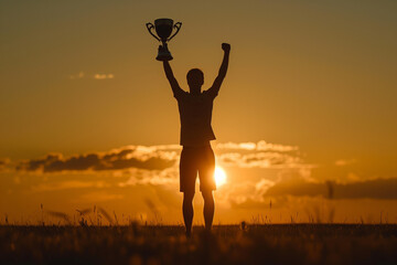 Person Standing in Field Holding Trophy