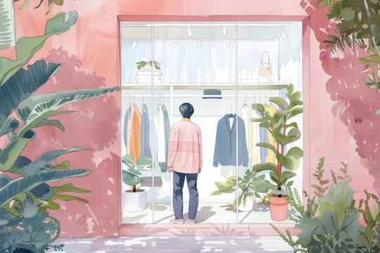 A man in a pink shirt admires clothes from outside a boutique with plants framing the view