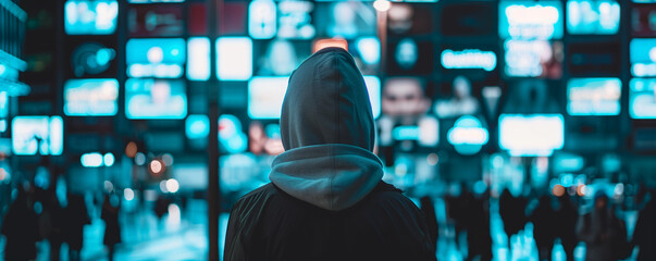 Person in hoodie against illuminated city ads at night.
