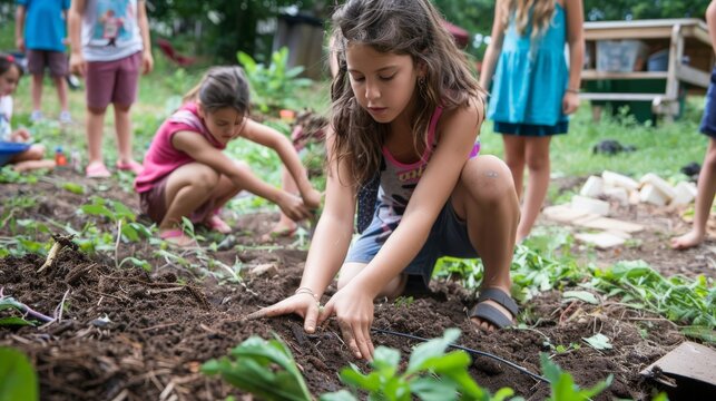 An educational workshop for children in a community garden, teaching the next generation the principles of composting, recycling, and sustainable living.