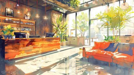 Bright morning light floods a chic café, highlighting plush seating, wood accents, and vibrant plants