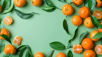 Many fresh ripe tangerines and leaves on light green 