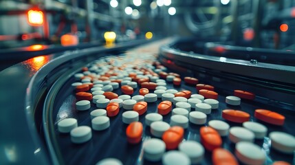 Automated Pharmaceutical Packaging Conveyor Transporting Batches of Medicine Capsules for Healthcare Distribution