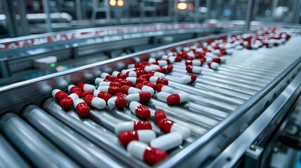 Fototapeta premium Automated Pharmaceutical Production Line Conveying Medication Batches for Packaging