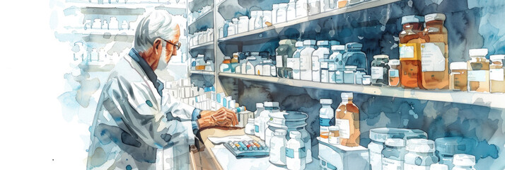 A man standing in a pharmacy, holding a medicine bottle in his hand