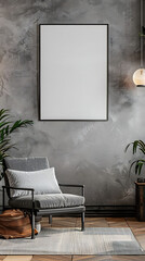 Mockup poster blank frame hanging above a Recliner Chair in aliving room, modern interior minimalist style