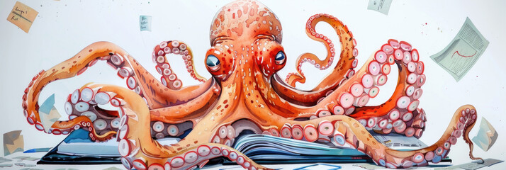 An octopus is perched atop a stack of books, displaying its tentacles while surrounded by literature