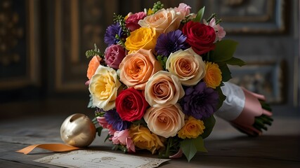 Beautiful and colorful bouquet, invitation for a lavish shower, baroque-style flowers, coquette-style shower décor