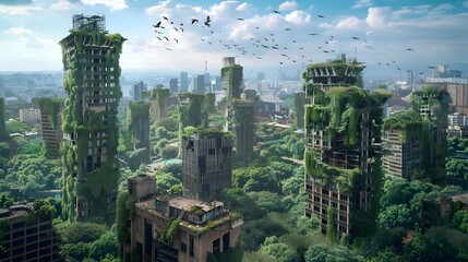 Futuristic Overgrown City Ruins Reclaimed by Lush Nature with Birds Nesting Amidst Decaying Skyscrapers in a Surreal,Post-Apocalyptic Landscape - obrazy, fototapety, plakaty