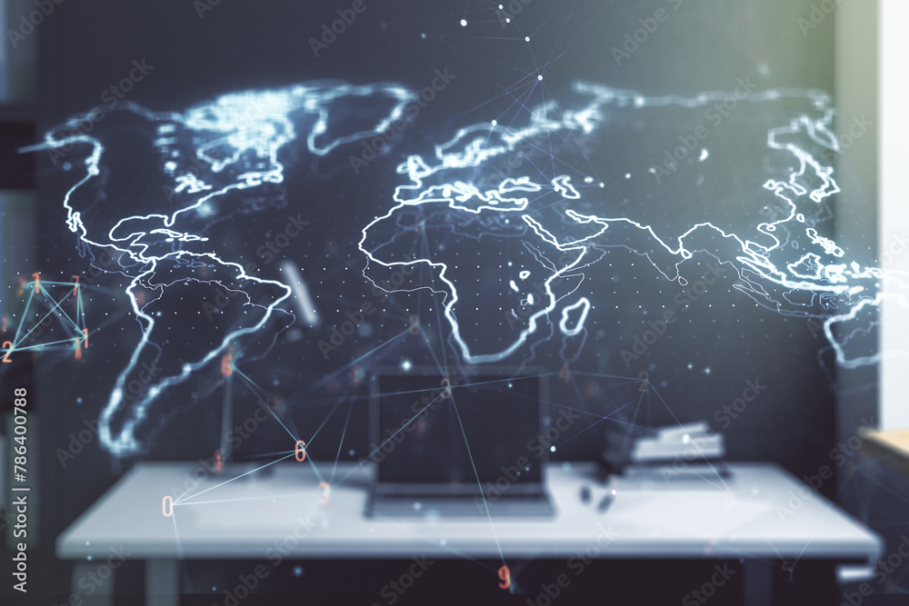 Aufkleber double exposure of abstract digital world map and modern desktop with laptop on background, research