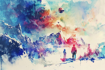 A vibrant watercolor scene depicts two figures admiring a fantastical mountainous landscape with planets in the sky