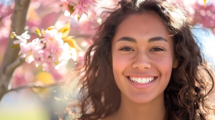 Joyful Woman Smiling Amidst Blooming Pink Flowers in Soft Focus