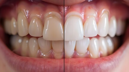 Dramatic Teeth Whitening Transformation Showcased Through Split-Screen Comparison - obrazy, fototapety, plakaty